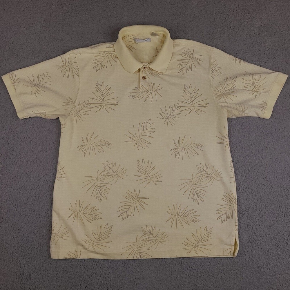 Geoffrey Beene Polo Shirt Mens XL Yellow Beige Striped Hawaiian Short Sleeve